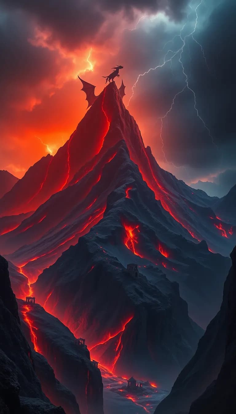 dragon's mountain lair, epic fantasy landscape,
massive volcanic peak with dragon silhouette,
lava rivers flowing down mountain,
dark stormy sky with lightning,
ancient ruins on cliff edges, dramatic scale,
dark fantasy atmosphere, ominous mood,
cinematic lighting, concept art style,
epic wallpaper, 8k ultra detailed