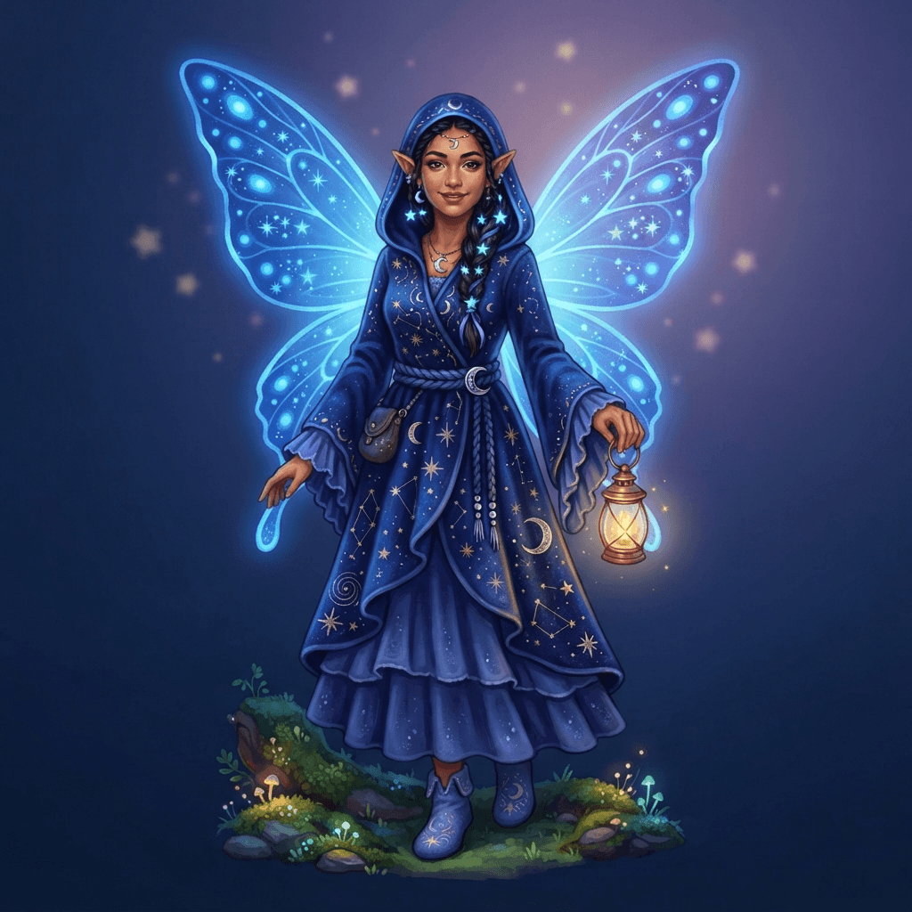 original character design of an adult night fairy fully clothed in a deep blue star patterned robe, glowing blue butterfly wings, tiny lantern, full body standing pose, wholesome storybook style, clean soft gradient studio background, vibrant, crisp high detail, digital illustration, no text, no words, no watermark