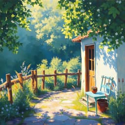 impressionist painting with loose, quick brushstrokes capturing fleeting light and atmosphere, vibrant bright palette of pure colors and complementary contrasts, dappled sunlight and subtle reflections, soft edges and relaxed visible brushwork, emphasizing mood and transient feeling over precise detail, infused with whimsical folk‑art elements and domestic intimacy.