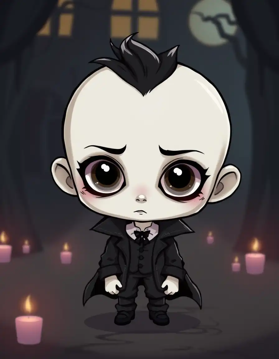 a chibi character inspired by tim burton, with large, expressive eyes and pale skin. the character wears dark clothing in a gothic setting with eerie lighting. the style is chibi.
