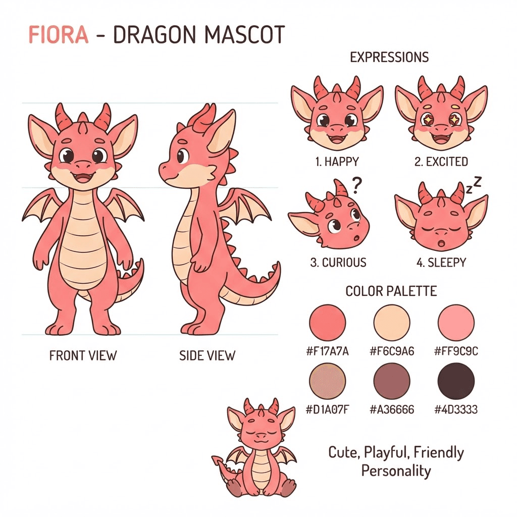 character reference sheet, model sheet layout, cute original dragon mascot creature in coral and cream colors, front and side view plus expression panels and color palette swatches, professional character design sheet