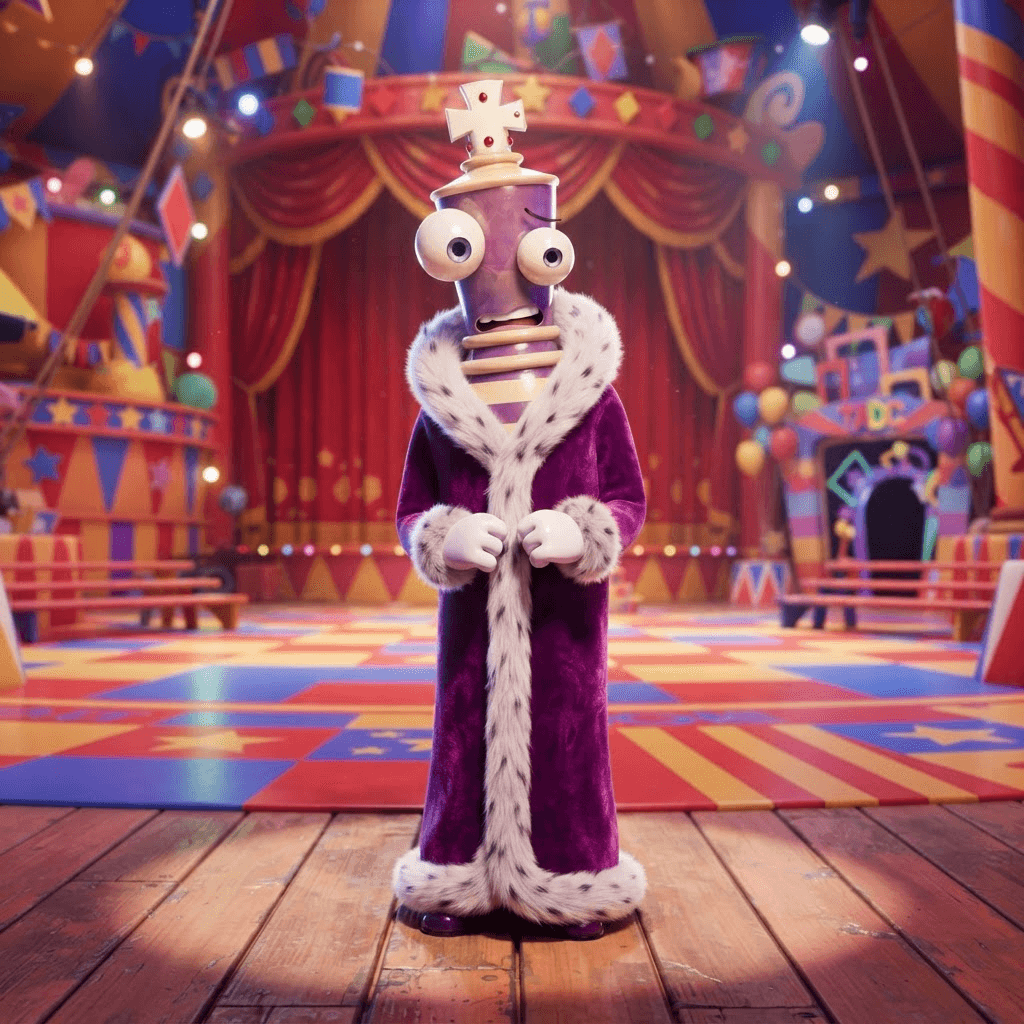 Kinger from The Amazing Digital Circus, tall chess king piece head with a small crown, wide bug eyes, purple robe with white fur trim, full-body portrait standing on the circus stage, glossy 3D circus style, polished expressive 3D animation, bright colorful Amazing Digital Circus environment, no text, no logo, no watermark