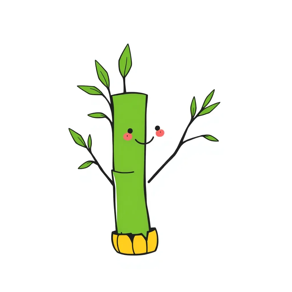Cheerful bamboo cartoon character, doodle art, minimal quirky design, playful vibe