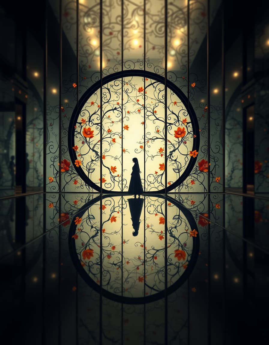 a serene, forgotten tale unfolds on one large window, with thick black lines encircling the window, while its reflection doubles on a calm, still surface of dark glass below, featuring interlocking vines and flowers in red, yellow, and blue that suggest emotions and thoughts are intertwined, captured in a single, long exposure static view, where static elements remain sharp, while moving elements blur or vanish, emphasizing temporal contrast, motion streaks, ghosted figures, and the passage of time within a vast hall of mirrors, where a gond art-inspired figure stands amidst intricate patterns and rhythmic compositions, rendered in a harmonious blend of a striking hand-drawn sketch art style and gond art's fine linework and repetitive motifs that create movement and texture, now captured with the precise, high-contrast clarity and shallow depth of field characteristic of a dslr camera, with the gond art-inspired figure frozen in a moment of suspended time, amidst the blurred, ethereal dance of the surrounding patterns and compositions, bathed in the soft, warm glow of a single, golden light source.