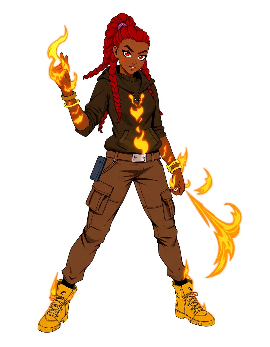 Ignika Blaze (Element: Fire)  - **Age**: 18 | **Gender**: Female  - **Style**: Street-smart, fearless, with red braids that glow when she's angry.  - **Powers**: Pyrokinetic martial arts. Can ignite her fists and feet.  - **Role**: The fighter / big sister of the group. **Race**: Afro-Latina | **Gender**: Female  - **Powers**: Fire-based martial arts, flame aura  - **Gear**: Ember boots, flame tattoo gauntlets  - **Personality**: Protective, bold, passionate  - **Design Prompt**: Red-braided warrior in urban gear—scorched hoodie with gold flame trim, cargo pants, and glowing red gauntlets. Her braids flicker like fire.