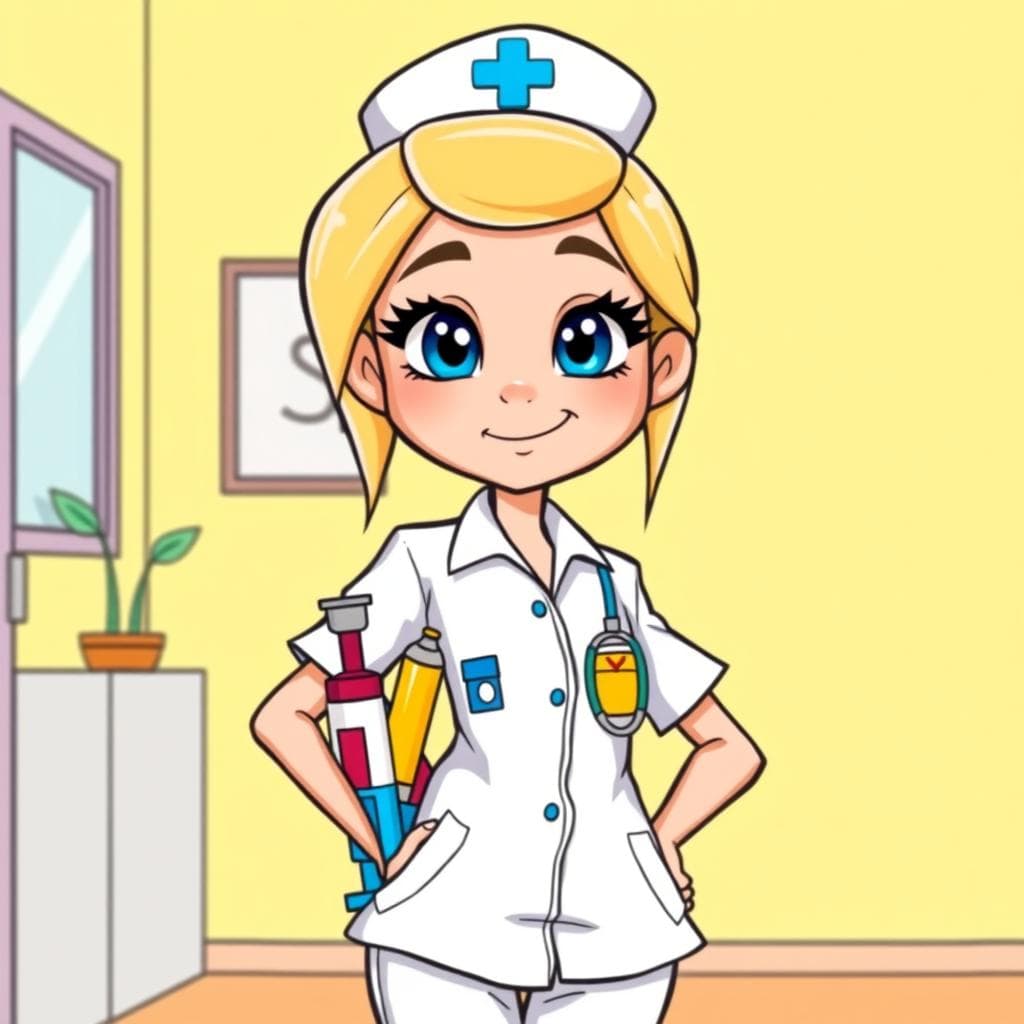 Cartoon:  Bright, cheerful style.  A young, smiling blonde nurse,  bright blue eyes,  wearing a crisp white uniform, slightly rumpled.  Her tool belt is full of colorful, cartoonish medical tools:  a giant syringe, oversized bandage, tiny stethoscope.  Background:  a sunny yellow hospital room, simple lines,  a single potted plant in the corner.  Nurse looks helpful, energetic, maybe a little mischievous.  Thick black outlines,  smooth shading,  limited color palette.  Focus on her friendly expression.
