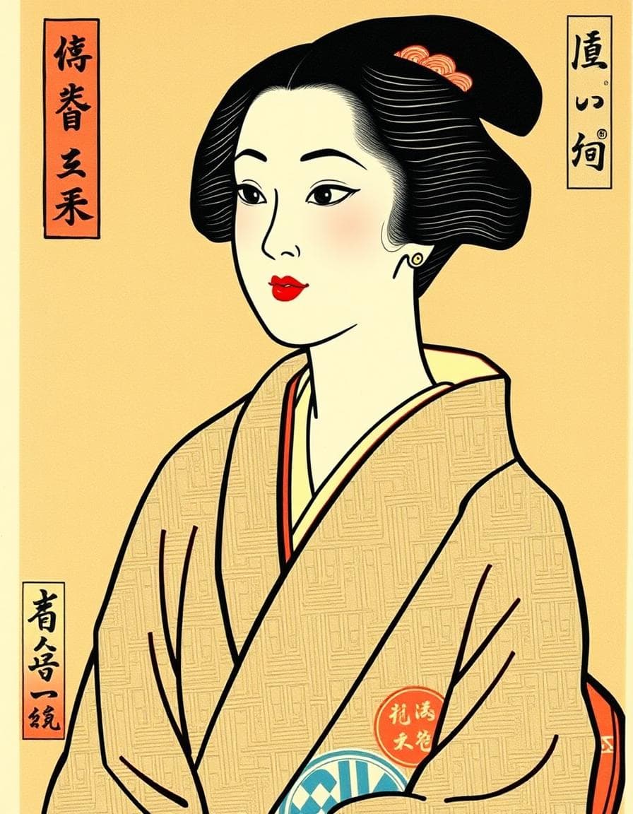 an ukiyo-e japanese woodblock print of a woman. she wears a simple robe. the composition features bold outlines, vivid colors, and stylized patterns. the style is ukiyo-e japanese woodblock.
