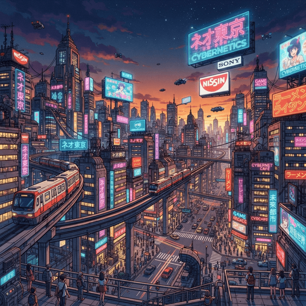 retro-futuristic anime city skyline at dusk with floating billboards and monorails, urban punk wallpaper art, vibrant, crisp high detail