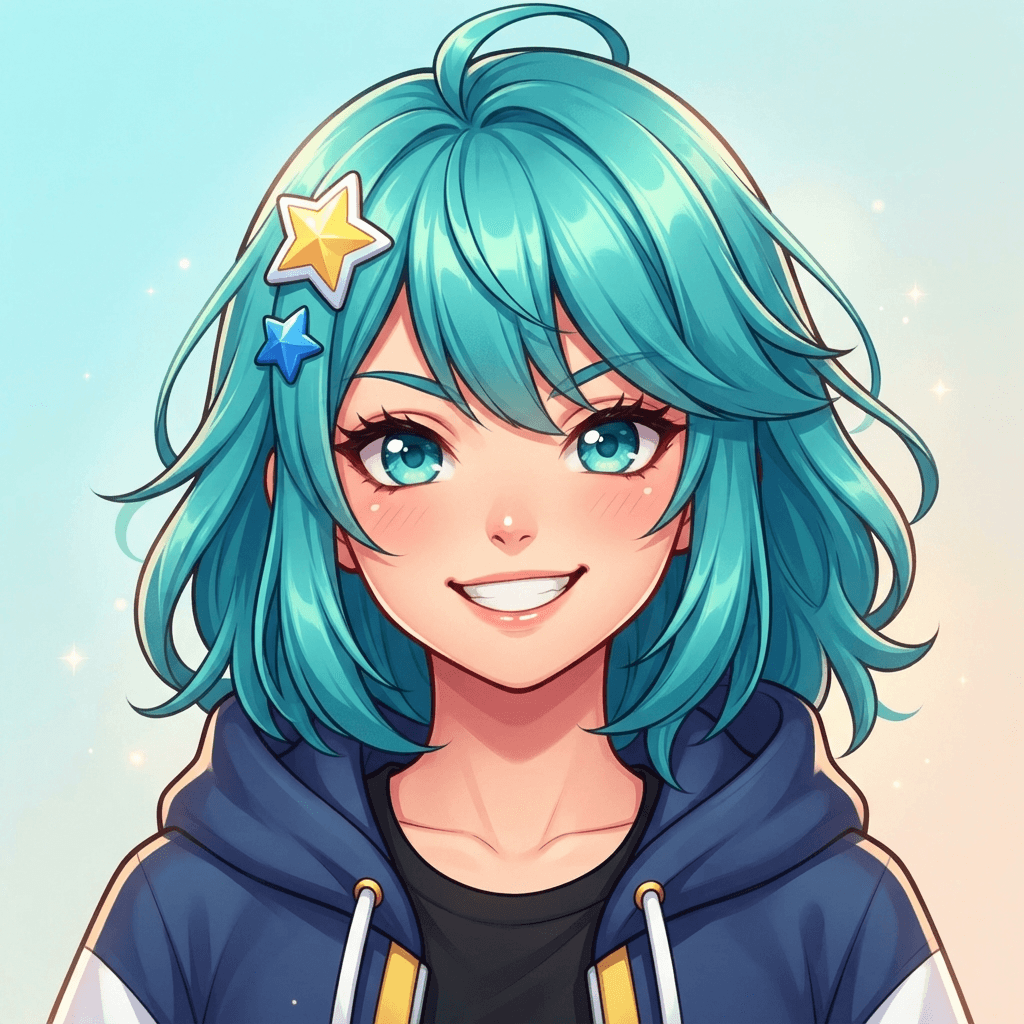 vibrant anime style close-up avatar portrait, teal hair with star hair clips, bold cel shading, pfp ideas