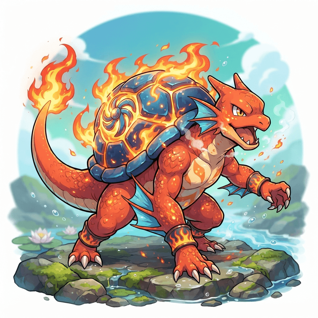 fusion creature, fire lizard fused with a water turtle, hybrid pocket monster with a flaming shell, cel-shaded anime game art, clean soft gradient background, vibrant, crisp high detail
