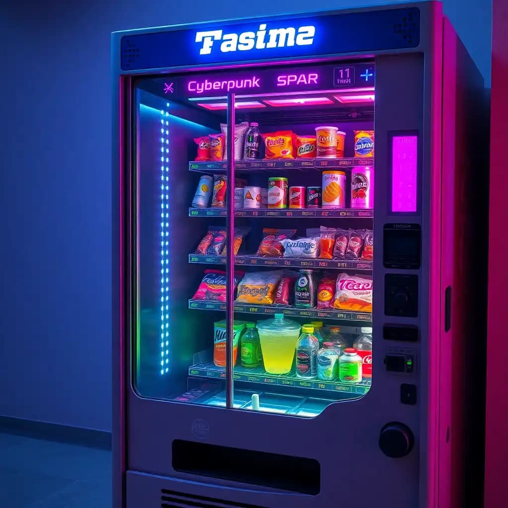 A cyberpunk-style vending machine that dispenses futuristic snacks and neon-lit beverages.