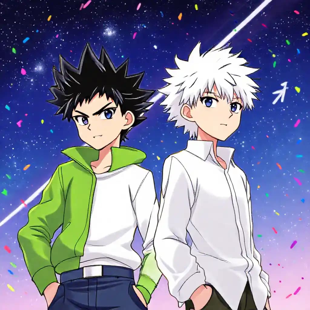 This digital anime-style drawing features Gon and Killua from the series "Hunter x Hunter." Gon, with spiky black hair and green jacket, stands on the left, while Killua, with white hair and a white shirt, stands on the right. Both have determined expressions. The background is a vibrant, starry night sky with colorful confetti and a plane trail. The overall mood is energetic and dynamic.