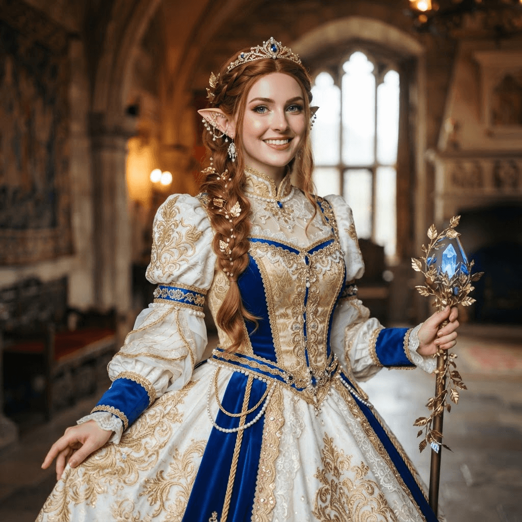a princess in a white and gold gown with royal blue accents and pointed elf ears, cosplay portrait, waist up, detailed costume