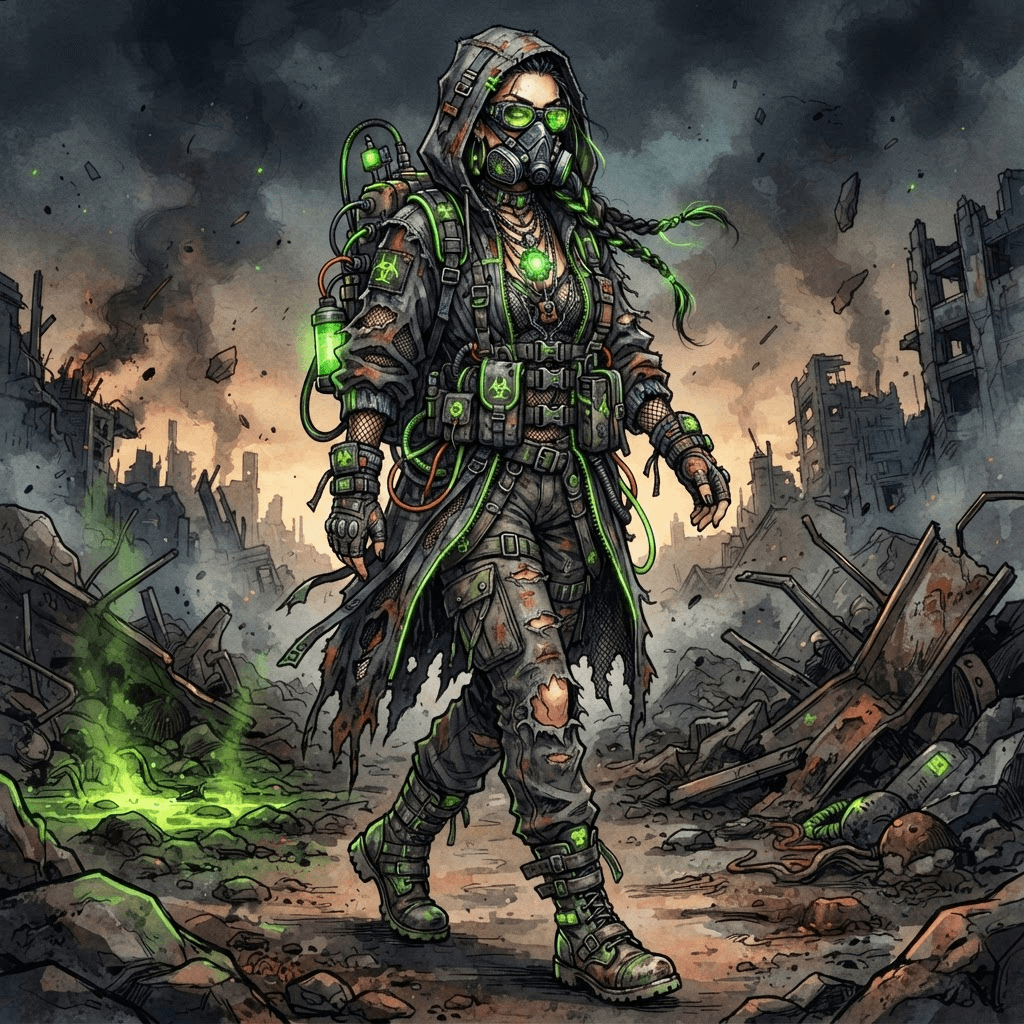 toxic wasteland fashion, hazmat inspired layers, radioactive green accents, torn industrial fabric, styled with statement accessories, fashion illustration, full body