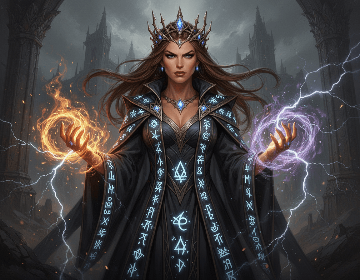 A powerful sorceress queen named Queen Emma, regal and intimidating, standing with absolute authority. Tanned skin, sharp commanding eyes, long flowing brown hair styled like a crown. She wears elegant dark royal robes infused with arcane energy, glowing runes woven into the fabric. Raw magic coils around her hands like living fire and lightning. Her expression is confident, ruthless, and unyielding. Epic fantasy realism, cinematic lighting, ultra-detailed, dramatic shadows, high fantasy character portrait, Dungeons & Dragons sorceress