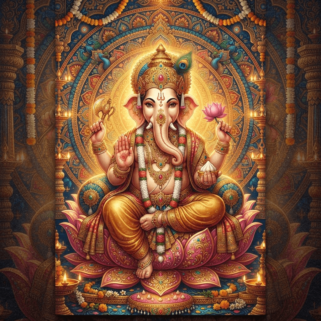 Lord Ganesha, elephant-headed Hindu deity, vibrant traditional Indian mythological art, golden ornate jewelry, lotus throne, divine golden glow