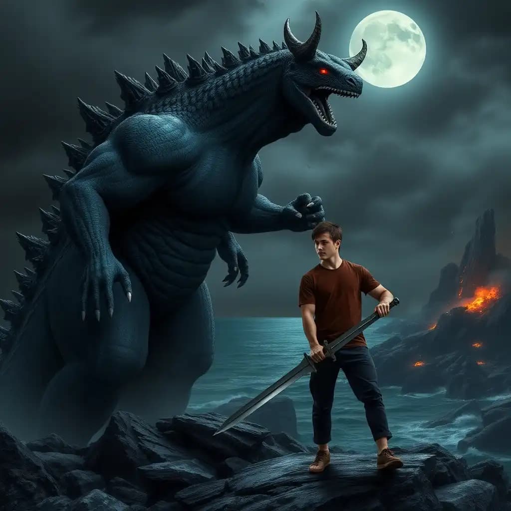 A large, dark gray, reptilian Godzilla with horns and glowing red eyes looms over a man standing on a rocky outcrop near a body of water. The Godzilla is a muscular, reptilian-looking bodybuilder with textured skin and sharp horns resembling a Komodo dragon. His expression is fearsome and aggressive. The man has fair skin and short, dark hair. He appears to be a young adult, wearing a dark brown, short-sleeved shirt and dark pants. He holds a large, shiny metal sword. The background is a dark, rocky landscape with ocean and volcanic activity in the distance. The sky is overcast and dark. The overall lighting is dramatic from moonlight