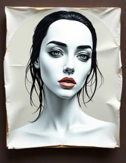 a hyper‑realistic 3d human portrait with a futuristic chrome‑etched face mounted on a mirror‑polished plate, gothic mermaid‑goddess aura, gradient pale skin from white to lacquered black, rendered in extreme‑pixel clarity; presented in a supports/surfaces style that deconstructs the painting material—unfolded canvas, raw stretcher, and exposed frame become sculptural elements, paint soaked through the fabric in simple primary‑color stripes and grids, emphasizing weave texture and fold as the primary visual content.