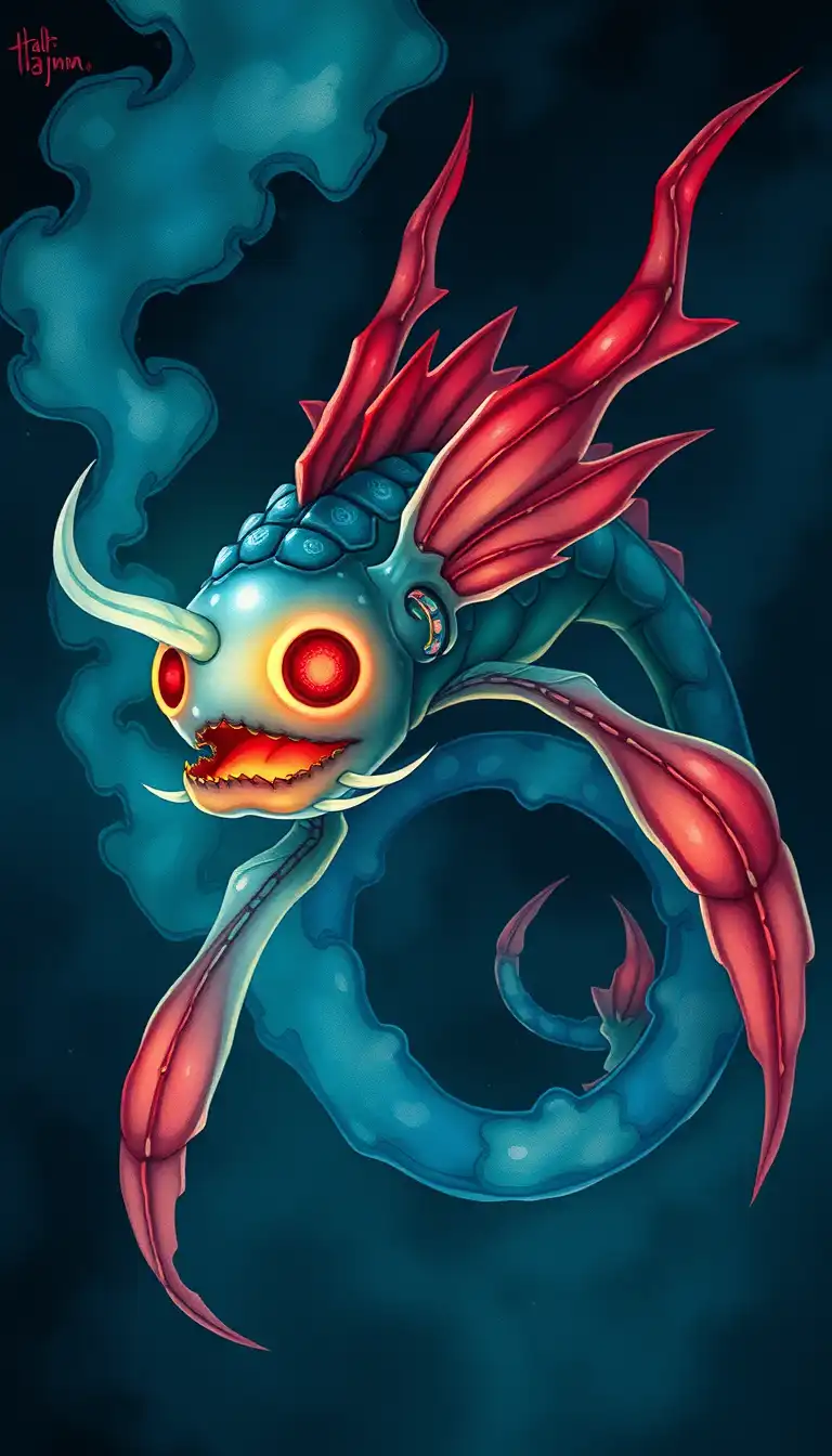 A mysterious underwater creature with half-transparent smoky body, half fish with fins, glowing red eyes, surrounded by deep sea darkness, eerie glowing light from its mouth — Islamic jinn-inspired sea monster, fantasy horror art Image Style: flowing pigments, hand-painted look, soft watercolor wash, Studio Ghibli style, colorful palette