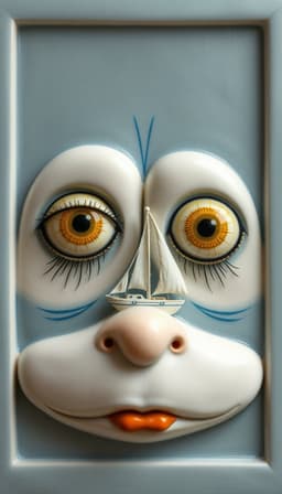 whimsical folk‑art characters with dramatic eyes, each eye cradling a tiny sailboat on a soft‑blue sea, rendered in delft school style with cool silvery daylight, pearl gray, soft blue, warm yellow and creamy white palette, smooth meticulous surface and geometric rectilinear framing, serene meditative stillness, delicate luminous texture, delft school palette emphasized throughout.