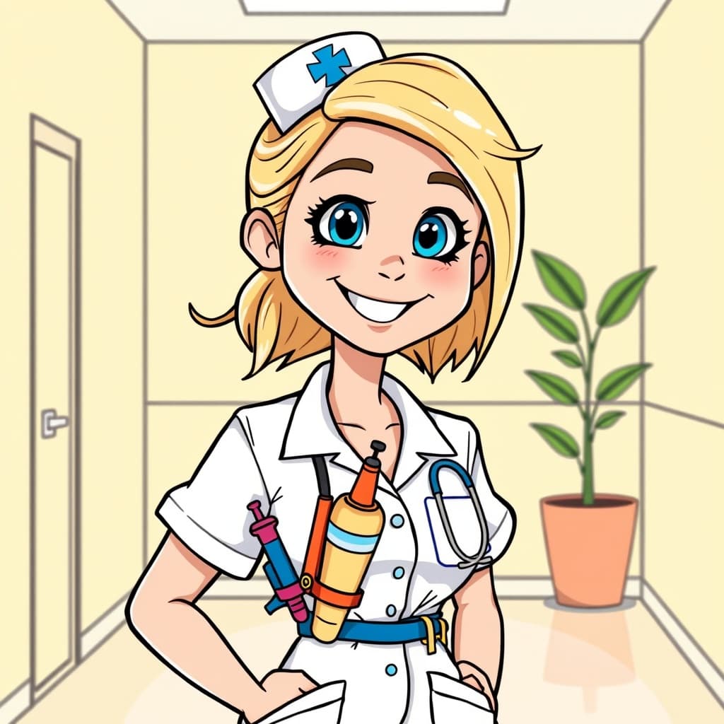 Cartoon: Bright, cheerful style. A young, smiling blonde nurse, bright blue eyes, wearing a crisp white uniform, slightly rumpled. She is wearing a tool belt is full of colorful, cartoonish medical tools: a giant syringe, oversized bandage, tiny stethoscope. Background: a sunny yellow hospital room, simple lines, a single potted plant in the corner. Nurse looks helpful, energetic, maybe a little mischievous. Thick black outlines, smooth shading, limited color palette. Focus on her friendly expression.