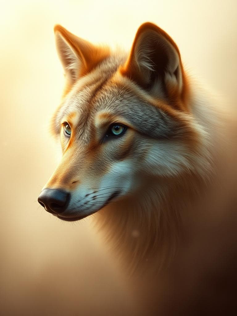Here's a revised version of the prompt, incorporating the 'Mood' aesthetic of a retro and nostalgic atmosphere:

A wolf's face, positioned diagonally in the frame, creating a sense of dynamic tension. The wolf's left eye is aligned with the top left corner of the frame, while the right ear is aligned with the bottom right corner. The wolf's fur is a warm, nostalgic beige, with coarse, grainy strands that shimmer in old film grain. The wolf's eyes gleam with a soft, vintage blue intensity, while the nose and mouth are a warm, faded red. The misty, foggy environment surrounding the wolf is filled with soft, diffused light that scatters through the mist, casting a dreamy, atmospheric glow on the wolf's face. The light is warm and cozy, with soft, blurred edges and gentle, feathery shadows that wrap around the wolf's features in muted, retro hues. The air is thick with mist, and the wolf's eyes seem to shine with a mixture of caution and curiosity. The fog swirls around the wolf, making it seem like it's fading into the mist, with bursts of old, vintage accents peeking through the haze, adding a touch of nostalgic charm to the image. The Golden Triangle composition adds a sense of movement and energy to the image, emphasizing the wolf's quiet intensity and mysterious presence in the foggy surroundings. The overall mood is one of nostalgic longing, as if the wolf is a memory from a bygone era, frozen in time.