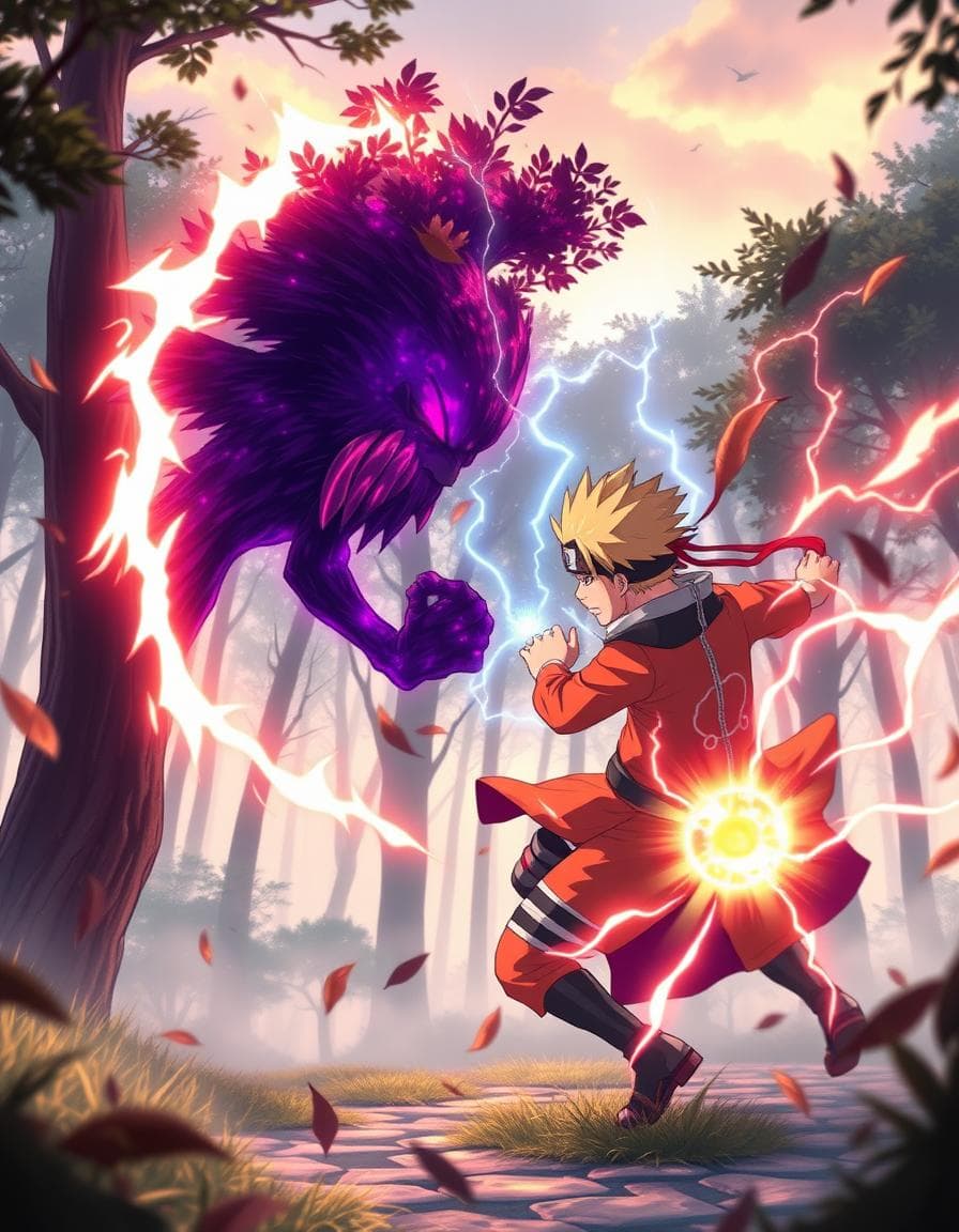 A high-intensity anime-style battle between Naruto Uzumaki and his sensei Kakashi Hatake in a misty forest clearing at dawn. Naruto is in Sage Mode, summoning shadow clones and unleashing Rasengans, while Kakashi uses his Sharingan and lightning-style Chidori. Trees explode as jutsu collide, with vibrant energy flashes, dynamic motion blur, wind swirling leaves, and intense facial expressions. Anime-style animation, smooth dynamic action, vibrant colors, cinematic angles, glowing chakra effects
