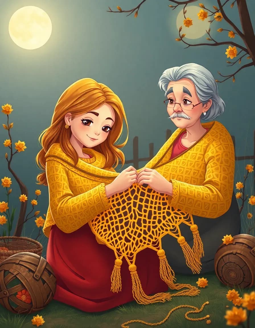 Girl knitting a golden shawl under moonlight.while the old woman watches in girl3D cartoon image .