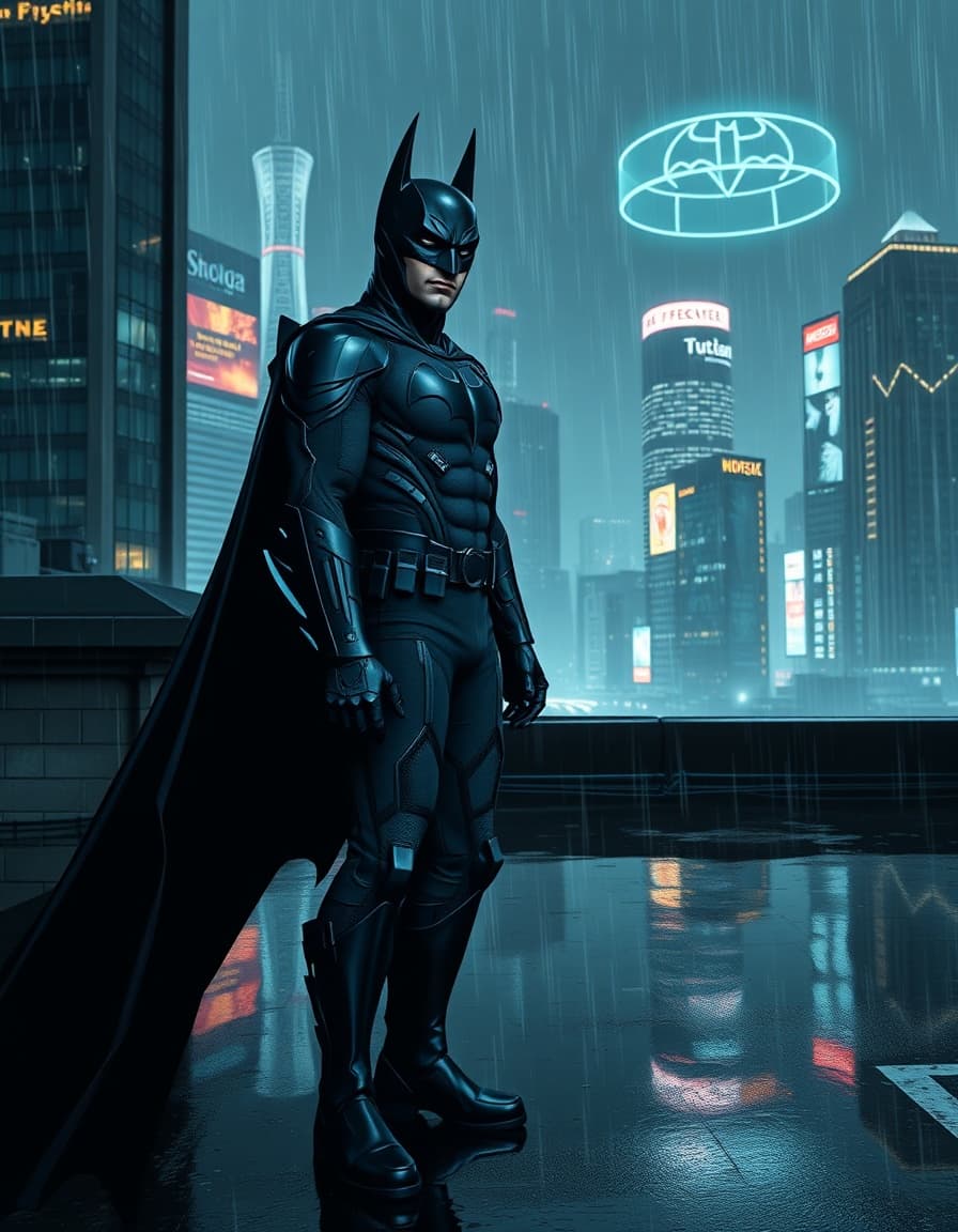 a dark and gritty scene for the caped crusader.

a cyberpunk anime noir style "batman dressed in a black and dark blue cyberpunk-inspired suit on a rain-soaked rooftop with city skyscrapers behind, the wet roof reflecting the neon glow of hovering holographic advertisements."