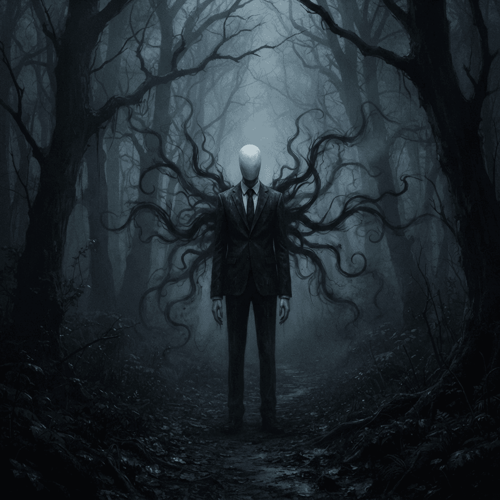 Creepypasta style OC, tall faceless figure in black suit with shadow tendrils in misty forest, eerie digital art, no gore, dark atmosphere