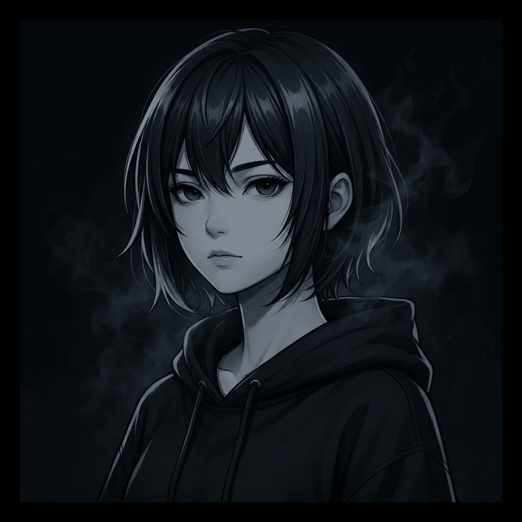 dark anime-style profile picture, girl with short black hair and black hoodie, deep black background, monochrome with subtle blue-grey highlights