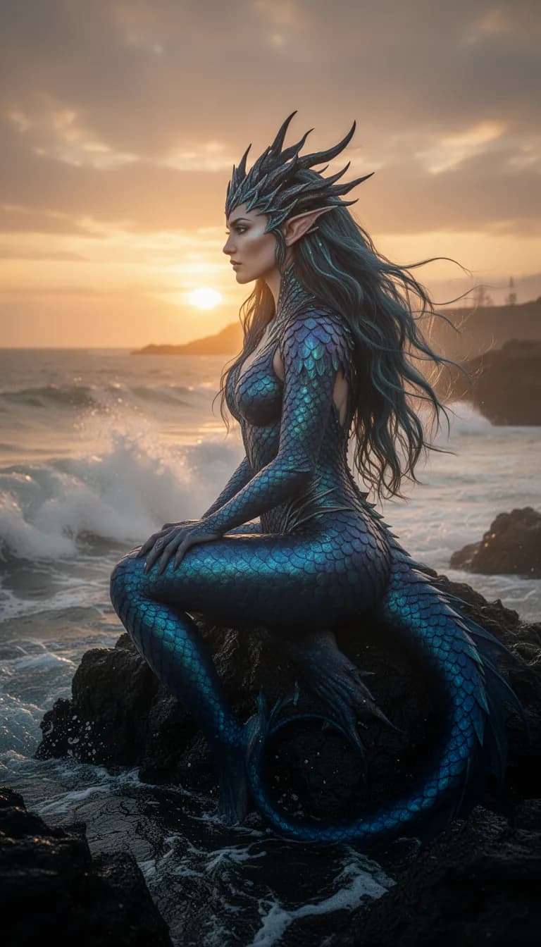 siren with iridescent blue scales, seated on dark coastal rock at sunset, golden hour backlighting, ocean waves crashing below, cinematic lighting, shallow depth of field, dark fantasy aesthetic, 85mm portrait, photorealistic texture, moody atmosphere, detailed scales, flowing hair, side profile, warm color palette, high contrast, dramatic shadows, hyper-detailed, fantasy creature design