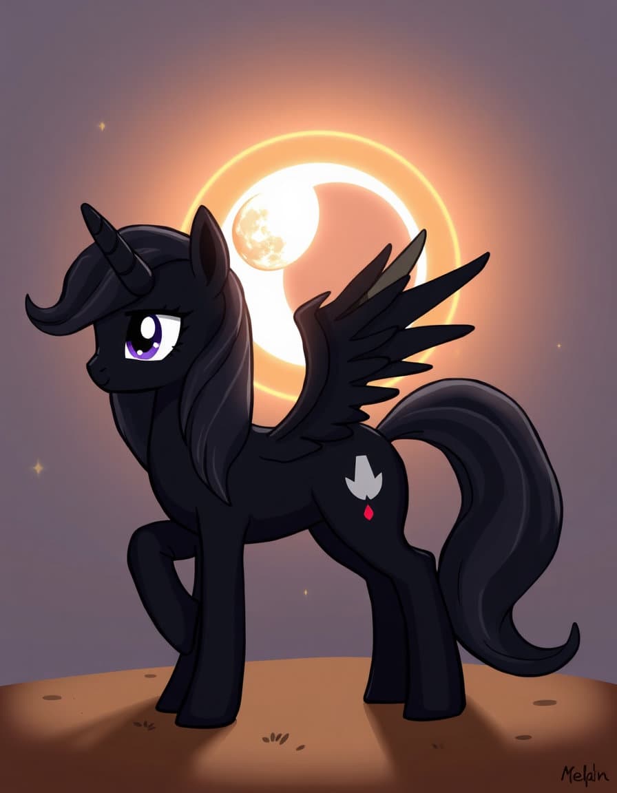 my MLP (My Little Pony) OC is an Alicorn with black skin, dark gray mane and tail and dark magic, his name is Dark Shadow Spark and his cutie mark is a full moon in front of a sun, basically a lunar eclipse