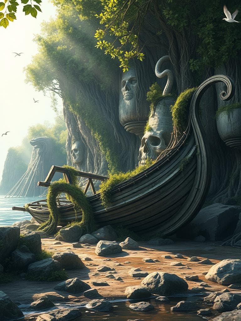 Here's a modified prompt that applies the "Mood" aesthetic of an overgrown and forgotten atmosphere to the same subject:
A Greek trireme lies abandoned on a rocky shore, its wooden hull worn and weathered, as if nature is slowly reclaiming it. Vines and moss cover the ship's frame, with trees growing out of the broken deck. The surrounding cliffs of Scylla and Charybdis are covered in greenery, with roots and branches wrapping around the rocky outcroppings. The serpentine heads of Scylla are barely visible, hidden behind a curtain of foliage. The whirlpool of Charybdis is a gentle, swirling pool of water, partially hidden by the overgrown rocks. The air is quiet, with only the sounds of birds calling and water lapping against the shore. Soft beams of sunlight filter through the leaves, illuminating the scene and casting dappled shadows on the ground. The atmosphere is peaceful, as if time has stood still, and nature has taken over, erasing all signs of human presence.