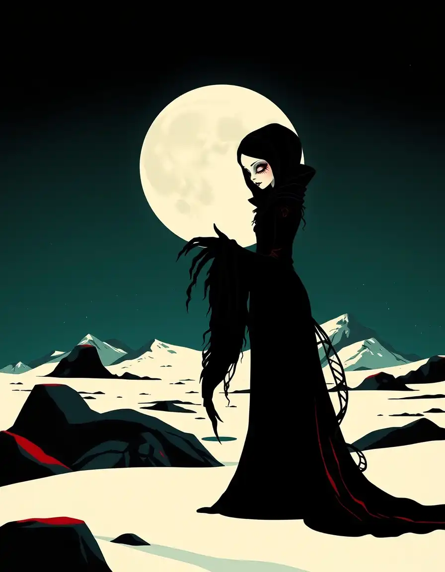a mysterious, high-contrast subject with delicate, doll-like features, rendered in bold, flat silhouettes with minimal internal detail, amidst a stylized arctic landscape under the pale light of a full moon; the subject's attire is woven from black velvets and dark silks with intricate textures and tactile opulence, set against stark, high-contrast colors of deep green, warm red, and jet black, which dominate the scene with a simplicity that belies the subject's eerie, unnatural forms and pulsating, otherworldly light; the overall effect is a striking composition of quiet, monumental dignity amidst the vast, empty space of the arctic tundra, reminiscent of inuit stone cut printmaking's powerful visual language, where single, graphic forms evoke the essence of a mystical, dark fantasy world.