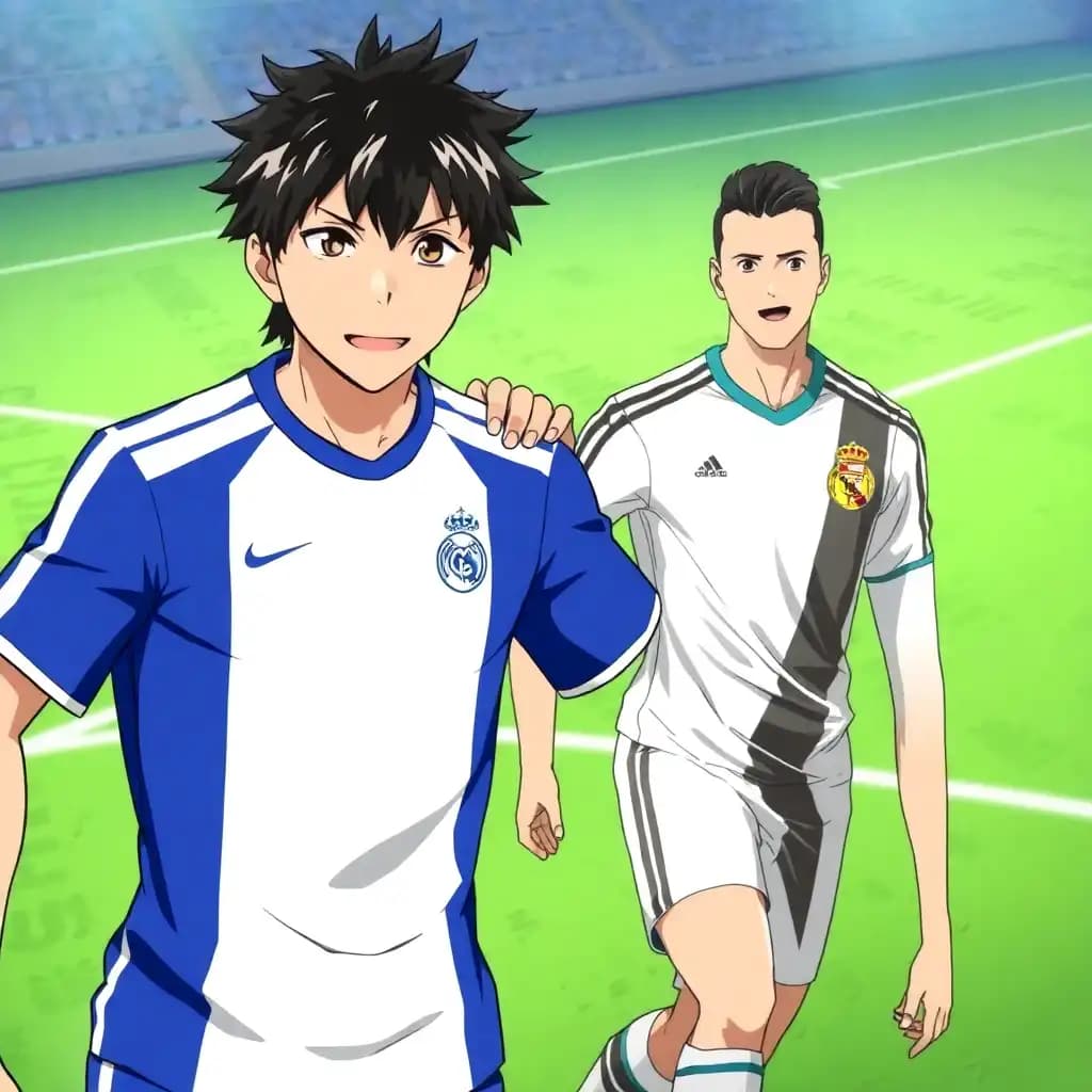 Isagi Yoichi from the anime blue Lock with cristiano ronaldo next to him on a football pitch