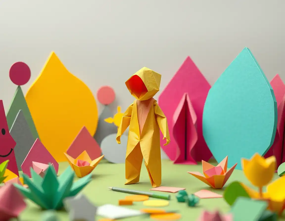 a folded‑paper figure made of random colored sheets stands in a papercraft garden of mismatched shapes, rendered in an ena dream aesthetic: surreal low‑fi flash‑animation vibe with ps1‑era polygonal textures, grainy surfaces, and tape‑like hiss. the palette bursts with acidic lime green, magenta, sickly yellow clashing against washed‑out grays. forms feel bisected and warped, geometry impossible, giving an uncanny, melancholic, playfully broken dream‑logic atmosphere.