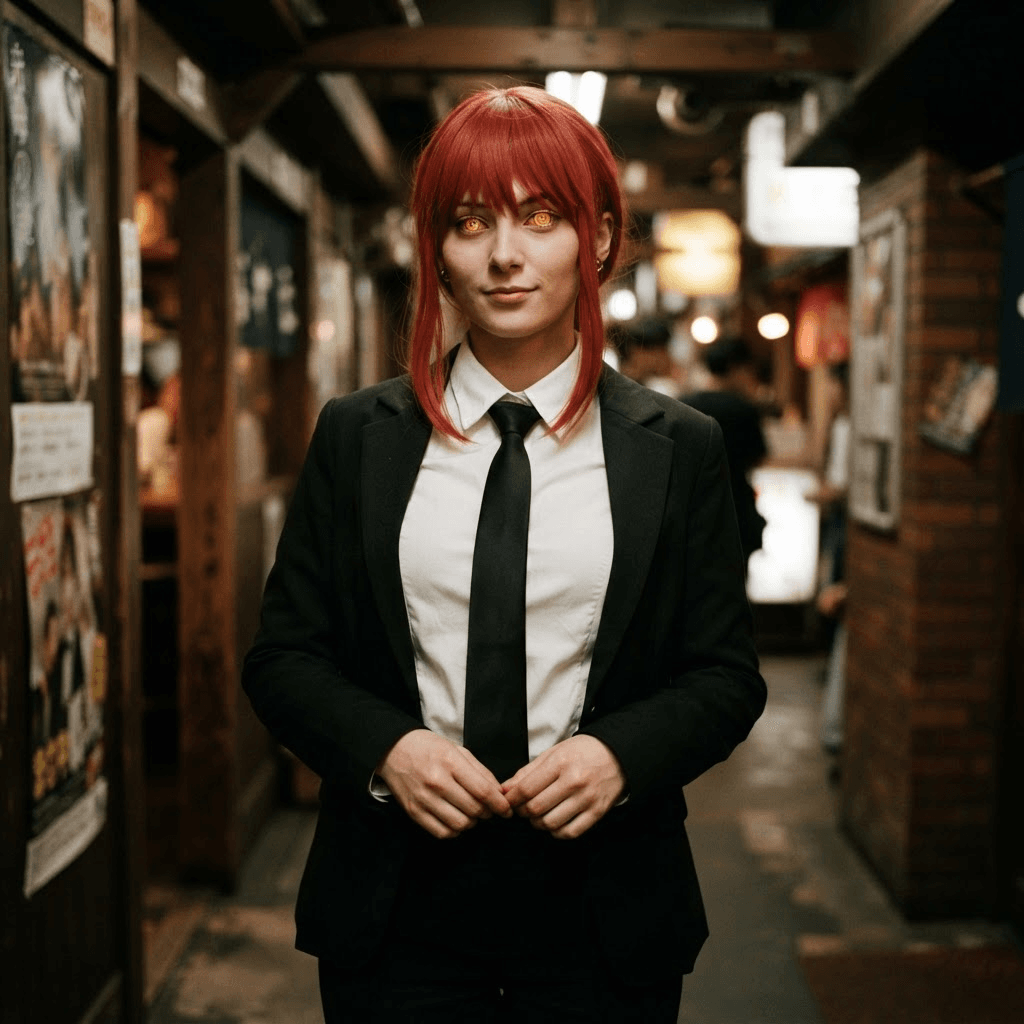 a red haired woman in a white shirt and black tie with ringed golden eyes, cosplay portrait, waist up, detailed costume
