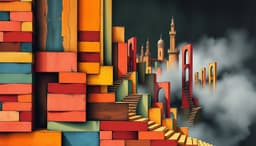 colored brick collage of vivid wooden‑block hues arranged in a staggered, dreamlike pattern, set against a dark, polished‑glass background, with an escher‑style staircase cityscape of surreal towers, bridges, arches and winding stairs floating in the distance, veiled in subtle fog. the composition blends bauhaus, brutalist, expressionist and memphis influences, featuring ink‑wash washes, paint drips and kinetic ink lines that weave through the layered depth, creating a poetic, cinematic abstract scene.