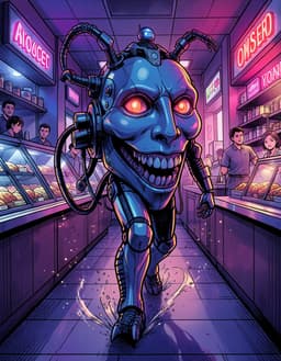 robomonster strides confidently into a bustling deli, the modern manga graphic‑novel style glowing around him with bold ink linework and deep indigo‑blue shadows punctuated by magenta and warm amber rim lighting. the dynamic cinematic lighting catches the metallic sheen of his silhouette as he walks, eyes shimmering, while swirling halftone particles and floating atmospheric specks trail behind, echoing the vivid color palette. the deli interior is rendered with stylized anime detail: glossy countertop displays, neon signage, and crisp line‑defined shelves, all framed in high‑contrast, expressive ink strokes that emphasize his forward motion.