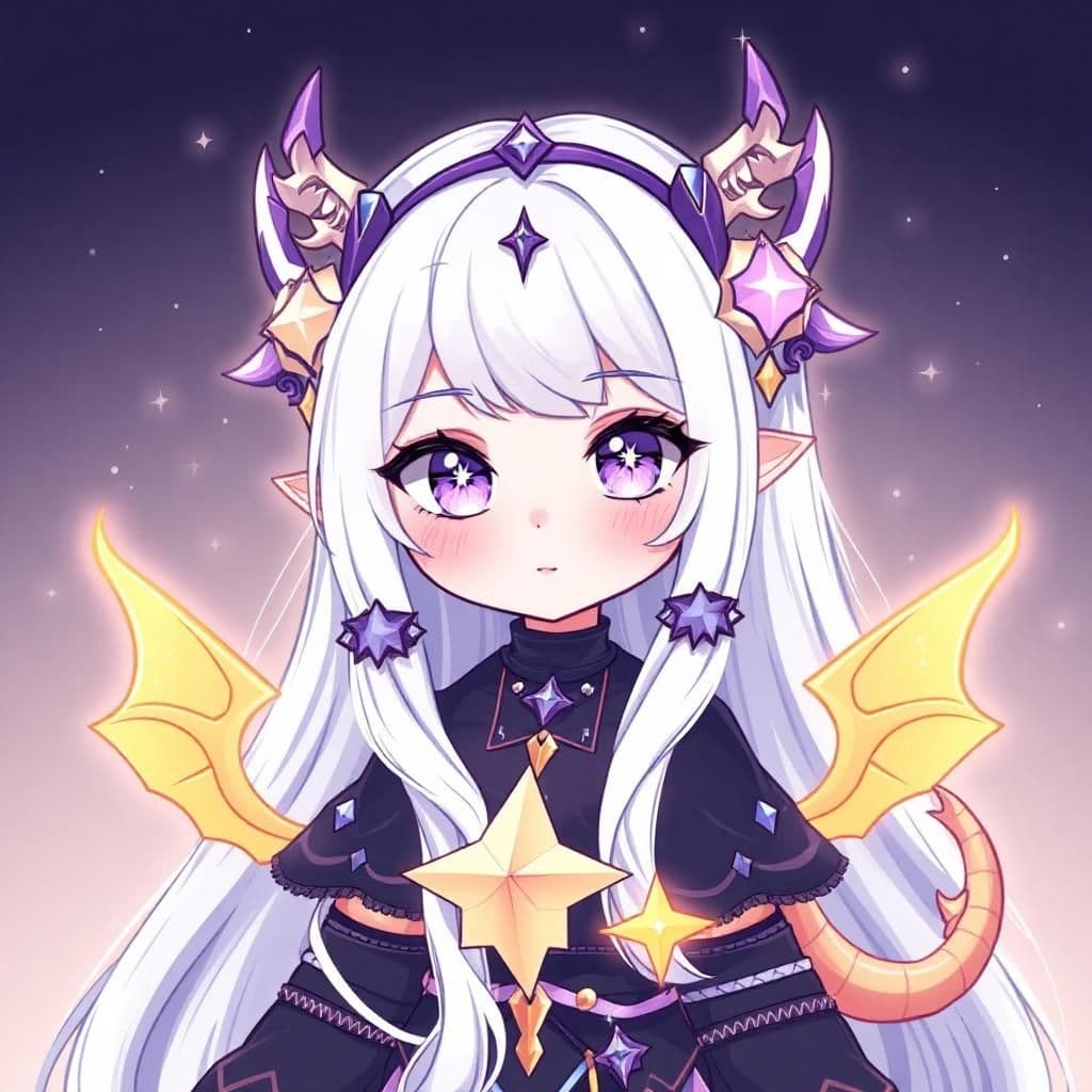 generate me a vtuber avatar, a girl with very long white hair, light purple eyes with a little bit darker star pupils looking chibi, wearing matching accessories that evoke a fusion of dragon and star elements, with an even more dramatic and intricate fusion of these elements, amplifying the celestial and draconic themes.