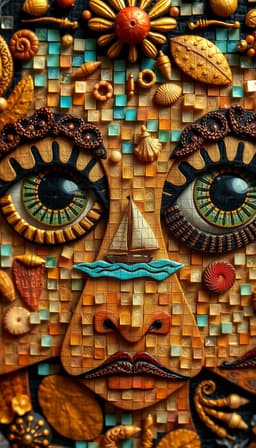 whimsical folk‑art characters with dramatic eyes, each gaze containing a tiny sailboat floating in a turquoise tropical sea, rendered as a macro‑micro photomosaic where every surface is built from thousands of minute, subject‑related objects—miniature folk‑art motifs, tiny sailboats, sea shells, and tropical leaves—arranged in a precise luminance grid that exactly matches the original composition and color grading. the mosaic forms a vivid, jewel‑tone tapestry of golden metallic squares and swirling ornamental patterns, echoing gustav klimt’s gilded shimmer, while bold black outlines of vintage 1930s rubber‑hose animation and soft watercolor washes of turquoise, sepia, and sienna remain visible. the overall effect is a hyper‑detailed, recursive pointillist texture that preserves the original scene at full scale.