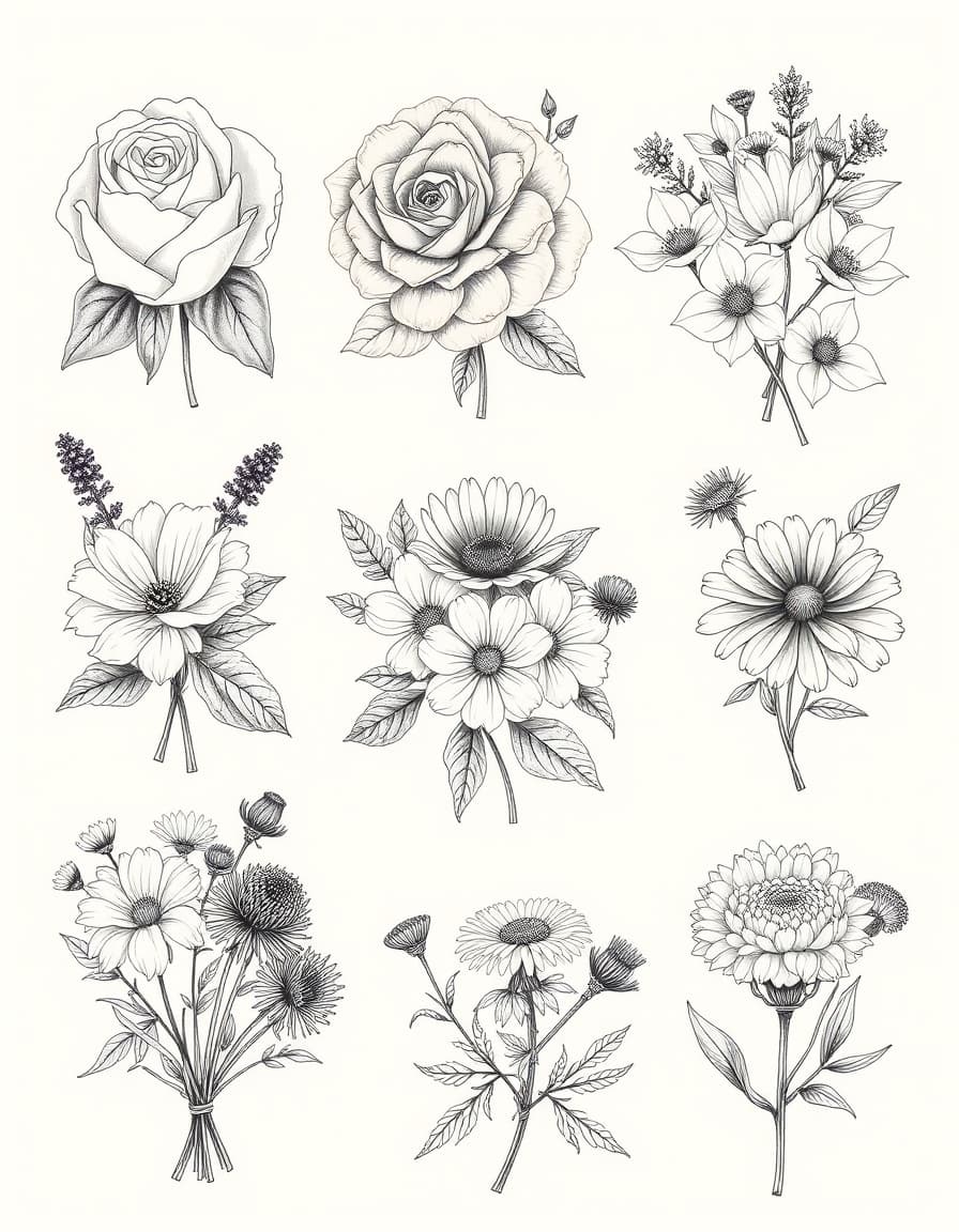 A vintage botanical illustration tattoo sheet featuring five separate bouquets, each grouped by floral category: 

1) Classic bouquet including rose, peony, carnation, chrysanthemum, dahlia, lotus, magnolia and camellia.
2) Natural / wild bouquet including lavender, poppy, daisy, cosmos,,
5) Textured bouquet including tagetes (marigold), dandelion, thistle, artichoke flower and ranunculus.

Fine linework, antique botanical engraving style, 19th century scientific illustration, delicate ink drawing, soft cross-hatching shading, light tonal contrast, elegant composition, realistic botanical accuracy, minimal heavy blacks, refined and airy aesthetic, white background, subtle depth, suitable for fine tattoo design.
