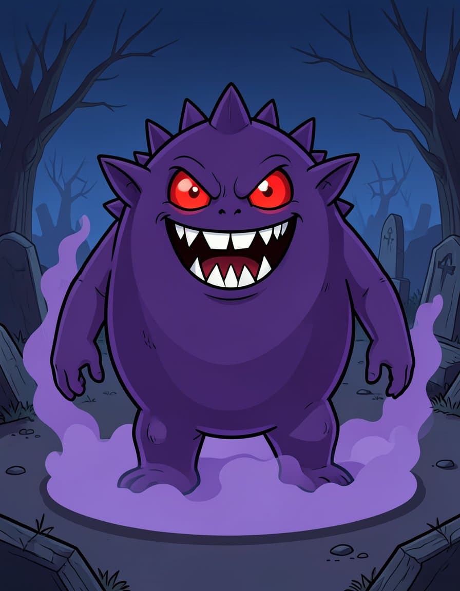 Original ghost-type fakemon, a pokemon OC: round dark purple ghost monster with a huge jagged-toothed grin, glowing red eyes, spiky back, rising from purple mist in a haunted graveyard. Flat cel-shaded monster-taming game art, bold clean outlines.