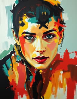 Expressie fantasie portret van en vrouw met wanhopige uitdrukking in uitgesproken contrasterende kleuren in abstract vormgeving. Geen letters en cijfers.