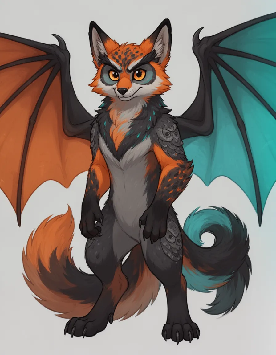 Anthro fursona furry oc hybrid of dragon fox and owl, color scheme:  orange, black, cyan, dark grey, reddish brown, dark turquoise,