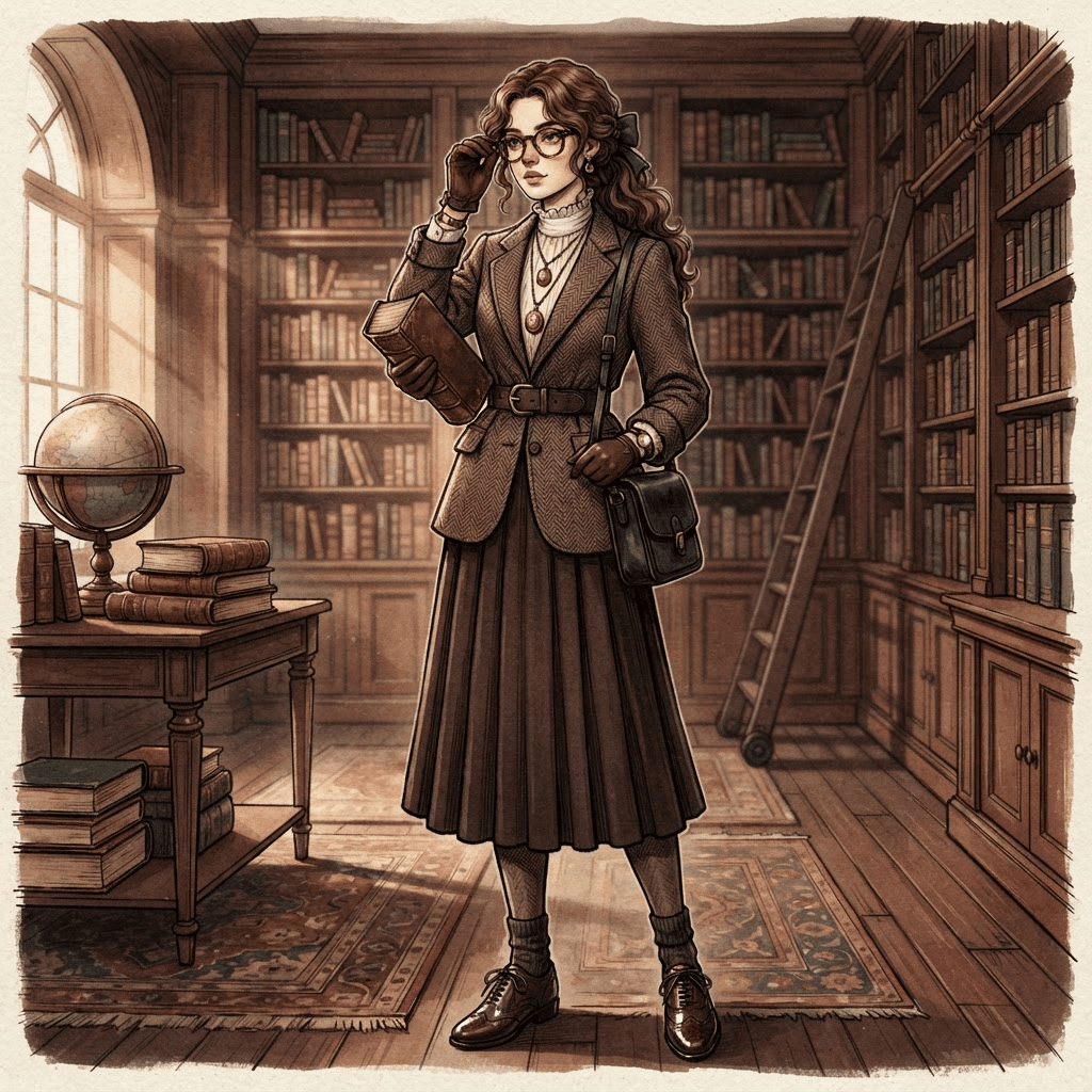 dark academia fashion, tweed blazer, pleated skirt, oxford shoes, library brown palette, styled with statement accessories, fashion illustration, full body