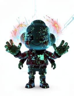 character portrait of A cloud mascot that once was bolts friend in 2018 but got abstracted in 2026, an upright humanoid character with a human body and hands, fully clothed, Glitched, digital sparks, pixel cracks, squat, pixel glitch, digital void, in the style of The Amazing Digital Circus, glossy 3D cartoon render, toy-like character, vivid saturated colors, theatrical spotlight lighting, head and shoulders, facing forward, plain flat white background