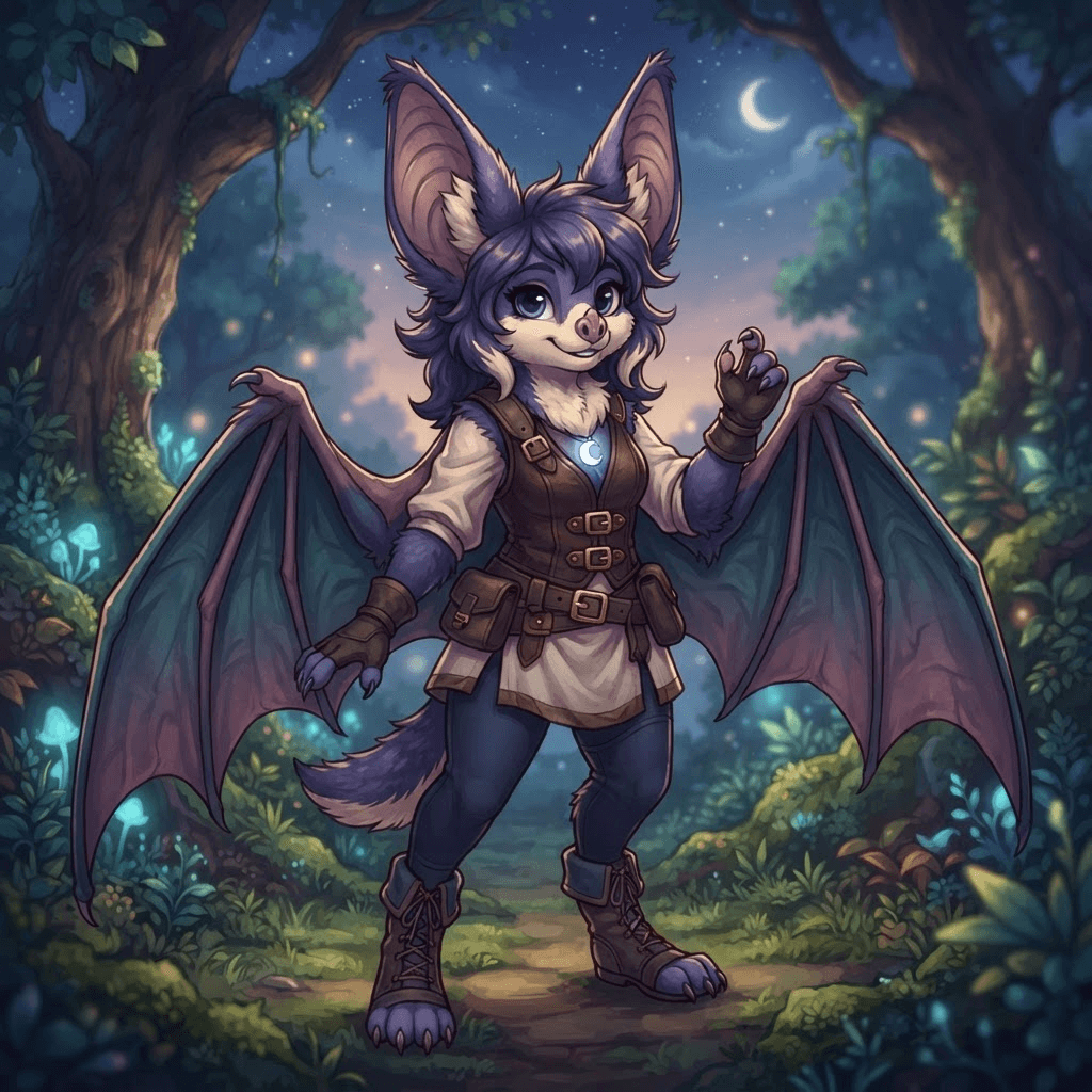 an anthro bat fursona with large ears, membrane wings and soft fur, full body, different color scheme