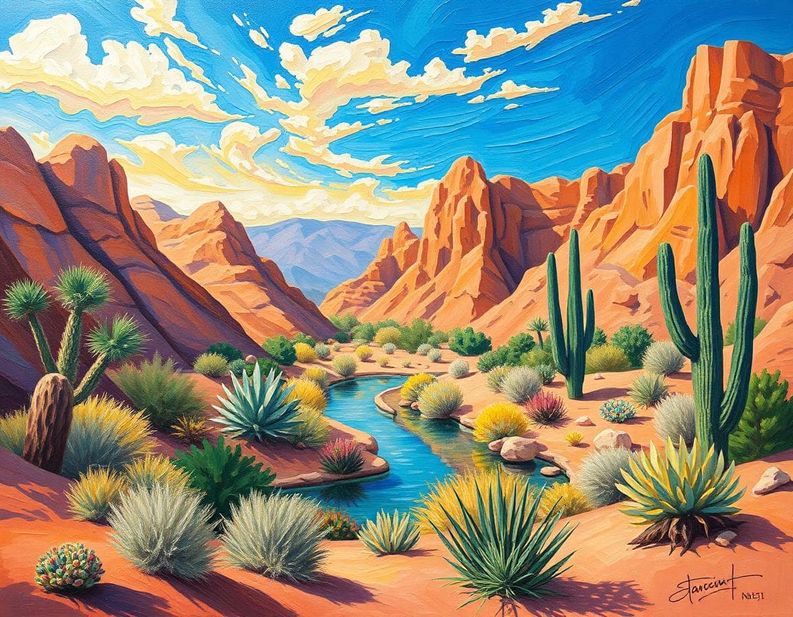 Post-impressionist painting in vivid colors. A desert oasis